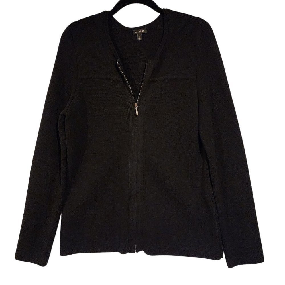 Talbots Luxe Knit‎ Zip Front Jacket Black Tight Knit Sweater Cargian Jacket sz M